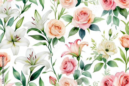 Wallpaper Mural Elegant watercolor floral pattern with roses and lilies on white background Torontodigital.ca