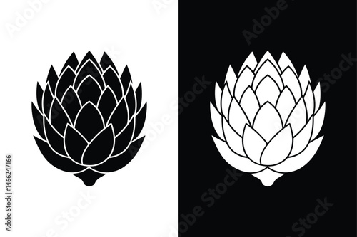 Flat Artichoke Icon. Fresh Organic Vegetable on Black and White