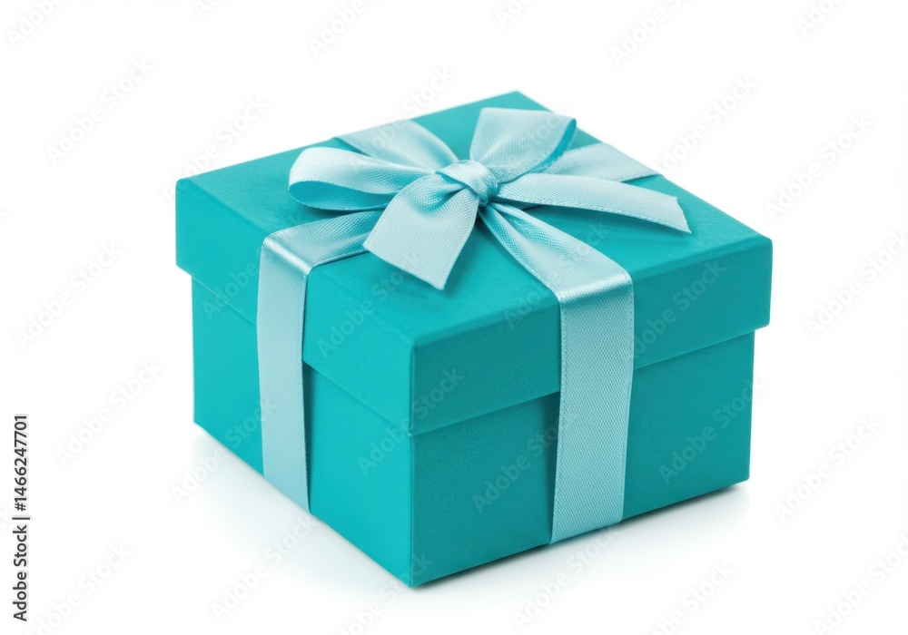 Obraz premium A single turquoise gift box with a light blue ribbon isolated on white background