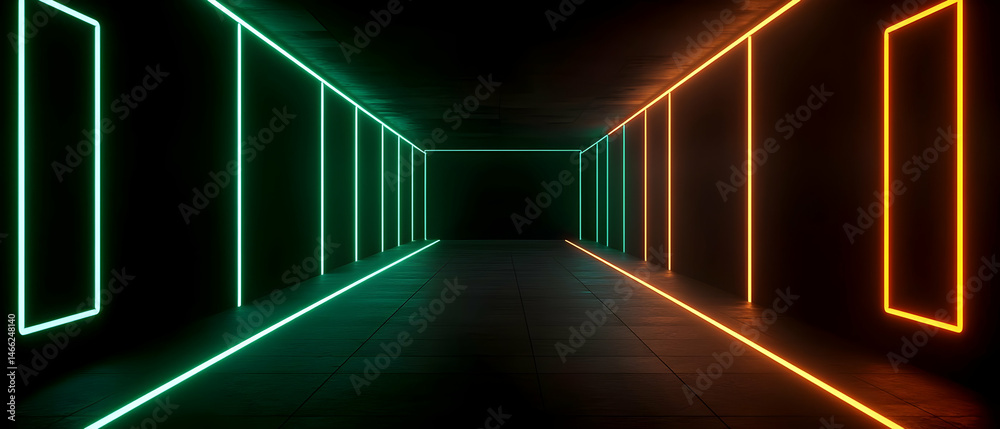 Fototapeta premium Neon Glowing Tunnel Corridor With Green And Orange Lights