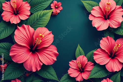 Bold hibiscus blooms, lush tropical foliage Vibrant seamless summer print , texture, pattern