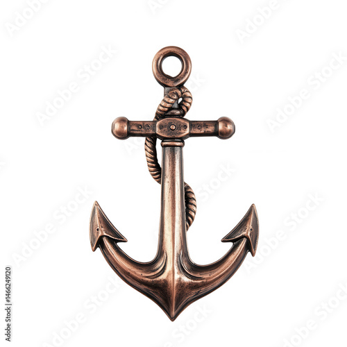 Bronze nautical anchor with rope isolated on transparent background