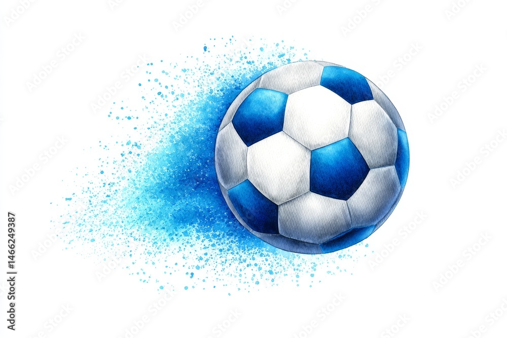 Fototapeta premium Soccer Ball in Blue Motion - A vibrant watercolor illustration of a soccer ball with blue accents, appearing to move quickly, leaving a blue trail behind it