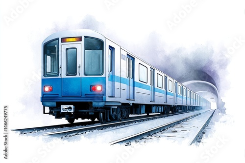 Subway Watercolor : A Journey Underground - A watercolor painting depicts a subway train entering a tunnel, symbolizing transportation, progress, urban life, the future, and hidden depths