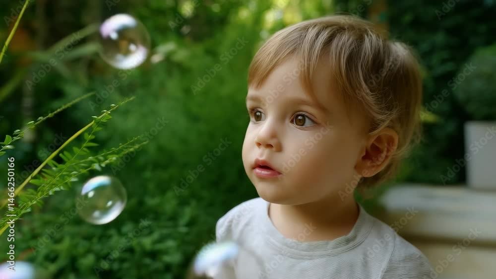 Curious child in lush garden reaches for floating bubbles. Curious child in lush garden reaches for floating bubbles.