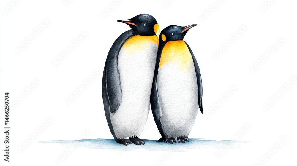 Fototapeta premium Two Emperor Penguins Together - Watercolor painting of two emperor penguins standing close together on a white background. A lovely of wildlife