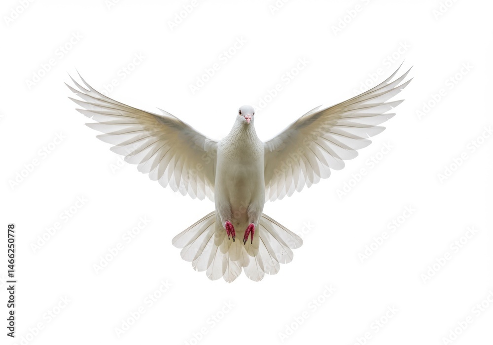 Fototapeta premium A white dove with wings spread wide against isolated on white background