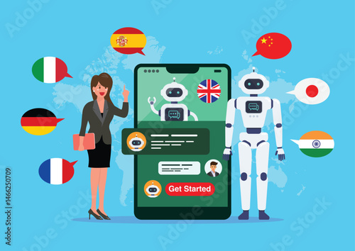 Business woman is learning different foreign languages with chat bot