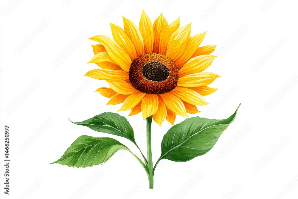 Obraz premium Vibrant Sunflower Blossom - A single, bright yellow sunflower in full bloom with vibrant green leaves, isolated on a white background