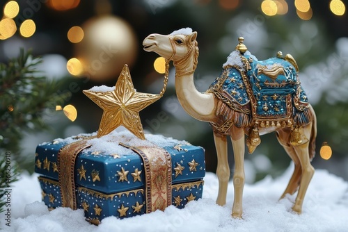 high detail picture of epiphany day star with gift box and camel figurine