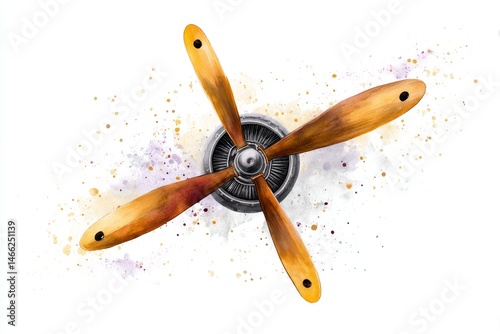 Vintage Airplane Propeller - A detailed watercolor painting of a vintage airplane propeller against a white background with watercolor splatters