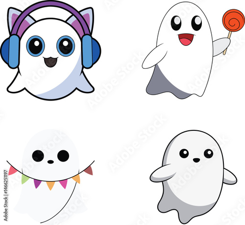 Friendly Ghost Vector Art Bundle Set with Cute Spooky Characters for Halloween Party Themes Kids Crafts Scrapbooking and Fun Art Projects