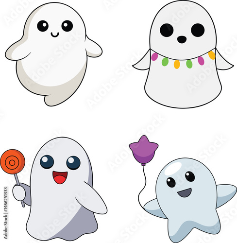 Happy and Playful Ghost Illustration Vector Set Bundle with Childlike Designs for DIY Halloween Cards Digital Stickers Posters and Party Crafts

