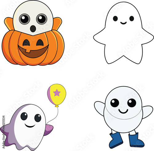 Happy and Playful Ghost Illustration Vector Set Bundle with Childlike Designs for DIY Halloween Cards Digital Stickers Posters and Party Crafts

