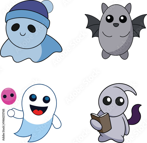 Kawaii Ghost Illustration Vector Bundle Featuring Cute Friendly Faces Great for Holiday Crafts Invitations Classroom Decorations and Creative Halloween Projects