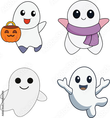 Adorable Ghost Character Vector Bundle Set with Playful Smiles and Soft Lines Ideal for Halloween Decorations Scrapbooking and Digital Art Creations
