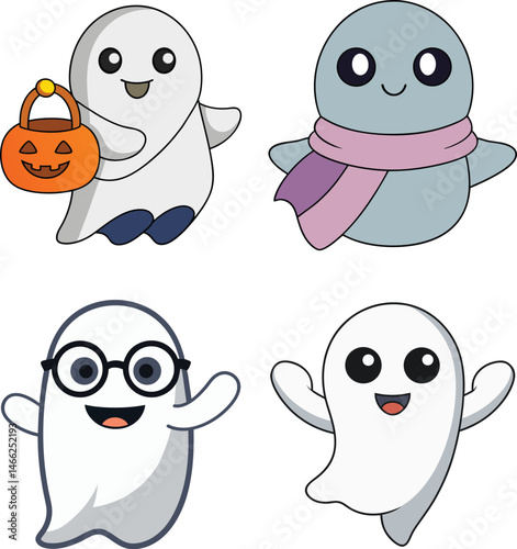 Cute Ghost Illustration Vector Set Bundle with Fun Expressions and Simple Designs Perfect for Halloween Party Decorations Kids Crafts and Seasonal Art Projects