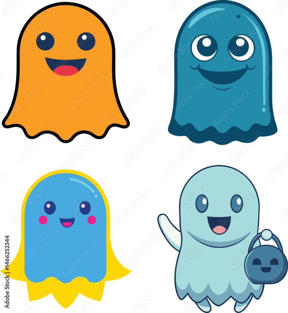 A cute set of funny cartoon monsters, including a yellow owl and happy ghost, in a vector illustration style A cute set of funny cartoon monsters, including a yellow owl and happy ghost, in a vector illustration style