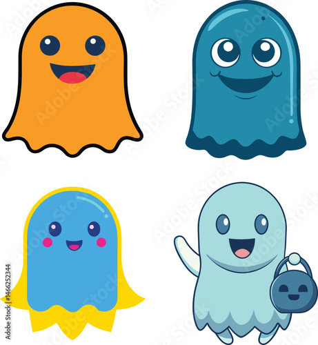 A cute set of funny cartoon monsters, including a yellow owl and happy ghost, in a vector illustration style