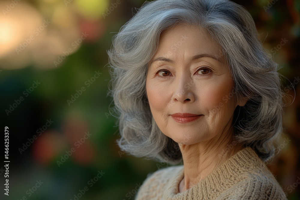 Naklejka premium A serene older Asian woman with gray, wavy hair, wearing a beige sweater, looks calmly at the camera in a close-up portrait.