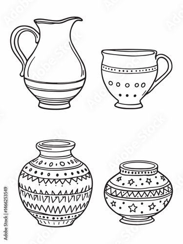 Set of artisanal handcrafted pottery pieces line art artwork.eps
