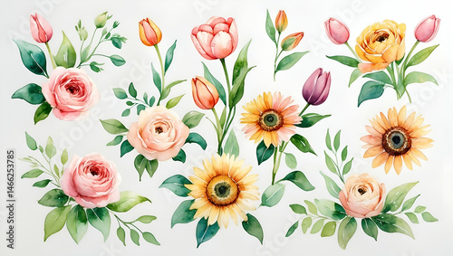 Wallpaper Mural Watercolor floral collection with roses tulips and sunflowers isolated on white Torontodigital.ca