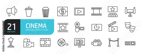 Set of line icons related to cinema, movie, video, theater. Outline icons collection. Editable stroke. Vector illustration stock illustration
