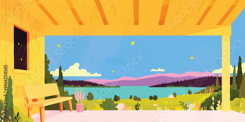 A charming illustration of a picturesque terrace, with inviting seats, under a light orange ceiling, a perfect spot to enjoy the amazing views of the lake. This captures the feeling of relaxation.