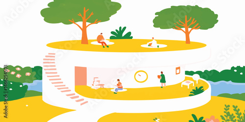 An illustration of a modern dwelling surrounded by lush greenery, this image captures the essence of contemporary living and design, promoting a connection with nature.