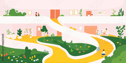 A meticulously crafted illustration captures a vibrant architectural masterpiece showcasing a harmonious blend of nature and design with a playful and engaging scene.