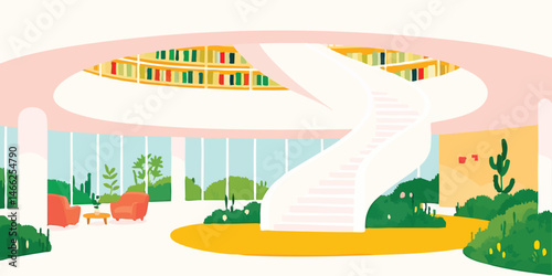 A serene illustration of a modern library or reading room design, featuring elegant curved staircase, lush greenery and large windows, bathed in soft, natural light.