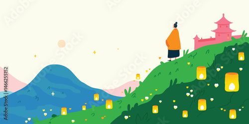 A serene figure gazes upon a lantern-filled hillside, with a traditional structure in the distance, evoking the tranquility of a cultural landscape.