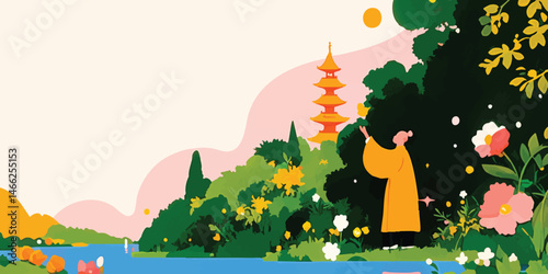 A serene landscape painting depicts a contemplative figure admiring the vibrant blooms of the beautiful garden temple, with colorful nature.