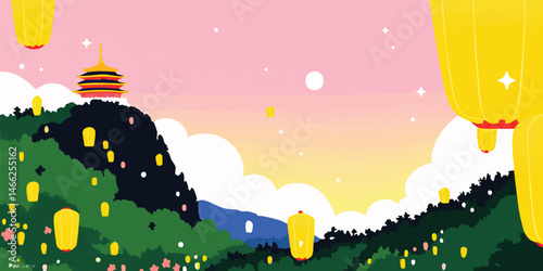 Captivating illustration of floating lanterns dancing in the twilight sky, illuminating the scene with warm light and wonder.