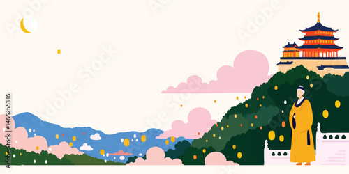 An artistic illustration depicts a traditional eastern-style pagoda, perched atop a verdant hillside, with a figure in cultural attire, evoking a sense of cultural richness and historical grandeur.