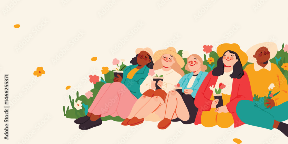 A group of diverse individuals relaxes in a field of flowers, enjoying the beautiful weather and each other's company. A group of diverse individuals relaxes in a field of flowers, enjoying the beautiful weather and each other's company.