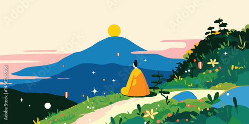 A serene figure finds inner peace through meditation, set against the backdrop of a tranquil mountain landscape bathed in soft light.