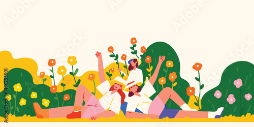A vibrant illustration captures a group of friends enjoying a carefree day in a blossoming garden, filled with colorful flowers and bright sunshine.