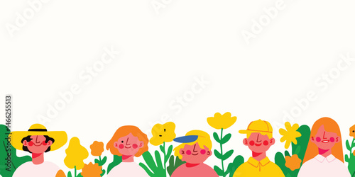 A colorful illustration of diverse figures joyfully stand amidst a vibrant array of flowers, creating a sense of harmony and the beauty of togetherness.