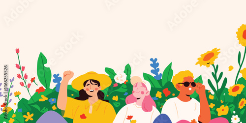 An idyllic depiction of friends immersed in a garden, reveling in the embrace of nature and shared connections, expressing a lively atmosphere and capturing the essence of friendship.