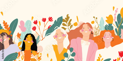 A group of smiling women stand amidst a colorful array of stylized flowers and foliage, radiating joy, strength, and solidarity. An illustrative, positive and uplifting image celebrating womanhood.
