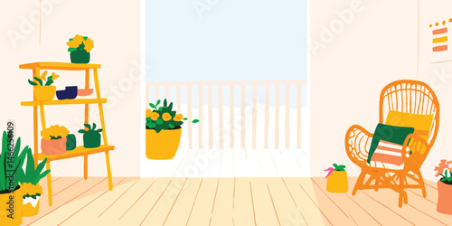 A cozy interior scene of a home, adorned with vibrant plant life and a comfortable chair, creating a serene ambiance. The room is filled with natural light.