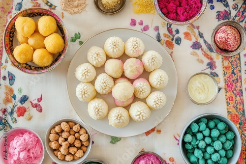 vibrant color visual of flat lay indian dessert arrangement