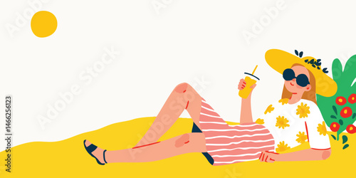 A vibrant illustration captures a woman's relaxed day, sunbathing while enjoying a refreshing drink, embodying the bliss of a hot summer afternoon.