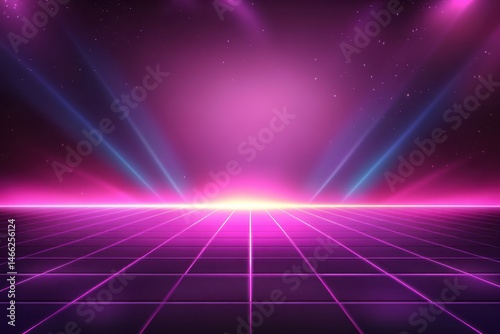 Synthwave-inspired, glowing, magenta grid floor, with vibrant light beams
