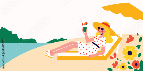 A stylish woman lounges in a beachside paradise, enjoying a refreshing drink and the sun's warmth. this illustration captures the essence of relaxation and vacation.