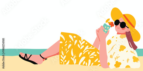 A vibrant summer day illustration shows a woman on the beach enjoying an ice cream. Perfect for adding a touch of summer, relaxation, and leisure to any project. 