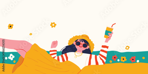 A relaxed woman enjoys a refreshing drink while basking in the summer sunshine. The vibrant colors of the scene create a sense of joy and relaxation, evoking feelings of warmth and happiness.