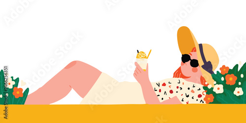 A woman relaxes, soaking up the sun and savoring a refreshing treat amidst a vibrant, summery landscape.