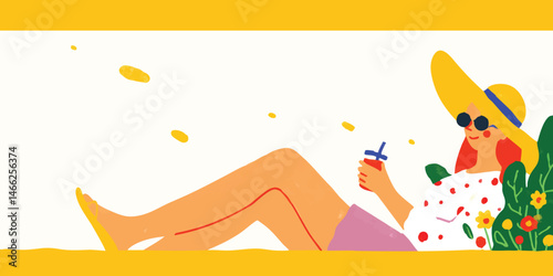 A carefree woman relaxes in the sun, her summer style radiating a sense of calm and tranquility as she sips on a refreshing drink surrounded by vibrant floral accents.